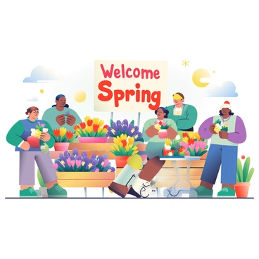 A vibrant flower market is bustling with activity, featuring an array of colorful blooms in various stages of growth. There are clusters of bright red tulips, sunny yellow daffodils, and deep purple iris displayed in wooden crates. In the center, a large, hand-painted sign reads "Welcome Spring" in bold, cheerful letters. Surrounding the market are green leafy plants and terracotta pots filled with flowers. Customers are browsing the selections, some holding bouquets, while a vendor is arranging flowers on a table. Bright sunlight spills over the scene, illuminating the rich colors of the petals.