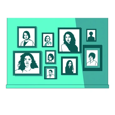 A teal gallery wall is adorned with a series of striking black and white portraits displayed within various frames of different styles. Each portrait captures a unique expression, showcasing a diverse range of individuals. The frames vary in design, some being ornate and others minimalist, adding visual interest to the arrangement. The portraits are evenly spaced, creating a harmonious flow across the wall, while subtle shadows cast by the frames enhance the depth of the display.