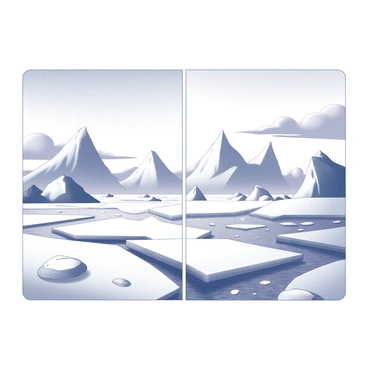 An illustration board is divided into two distinct halves. On the left half, an icy landscape of a polar region is depicted. The scene features vast stretches of snow-covered ground, broken by jagged icebergs jutting upwards. In the background, towering glaciers rise, their surfaces uneven and textured. A bright, expansive sky is visible, with a few cloud formations that hint at cold weather. The foreground includes a few scattered snowdrifts and perhaps a frozen stream glistening with the icy sheen, completing the frigid atmosphere of the polar landscape.