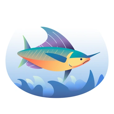 A sailfish is depicted swimming gracefully in the ocean. Its elongated body is adorned with vibrant blue and orange scales that catch the light. The sail on its back stands tall, showcasing a mix of striking purple and teal hues. Surrounding the sailfish are stylized waves in various shades of blue, creating a dynamic sense of movement. The background features a soft gradient transitioning from deep ocean blue at the bottom to a bright cerulean sky at the top, enhancing the visual depth of the scene.