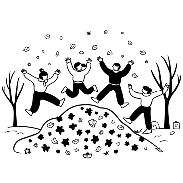 A group of children wearing winter jackets and scarves jumping joyfully into a large pile of leaves on the ground. The leaves are various shapes and sizes, creating a mound that towers above them. Some leaves are scattered in the air as the kids leap. In the background, there are bare trees with a few remaining leaves clinging to the branches, and a clear path winding through the park.