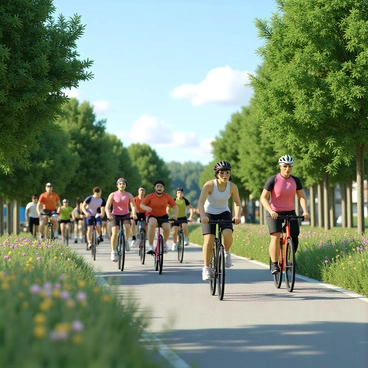 A bustling scene featuring a diverse group of people jogging and cycling on Atlanta's BeltLine trail. There are individuals of various ages and ethnicities, all wearing athletic clothing. Some joggers have headphones in, focused on their pace, while others are chatting and enjoying the fresh air. Cyclists ride on sleek, colorful bikes, some wearing helmets and others with their hair blowing in the wind. Surrounding the trail are green trees and patches of colorful wildflowers, creating a vibrant atmosphere. In the background, you can see a clear blue sky with a few fluffy clouds, enhancing the lively mood of the scene.