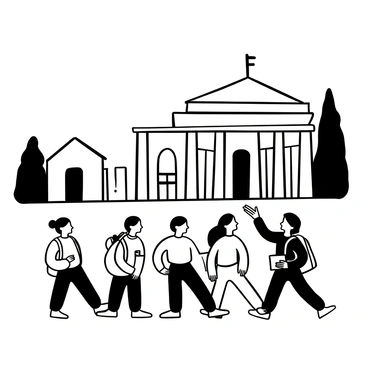 A group of students walking in a line, each carrying a small backpack, are following a teacher who is pointing towards a historical building. The teacher is holding a clipboard and appears to be leading the way. The students are of varying heights and wearing different styles of clothing, showcasing a mix of casual attire. The scene includes a tall tree nearby, and the historical site features an ornate architectural design with columns and detailed stonework. There are informational signs placed around the site.