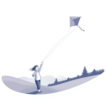 A child standing on a grassy hilltop is holding the string of a kite soaring high in the sky. The child is wearing a light jacket and has a joyful expression on their face. The kite is depicted as large and vibrant, with distinct geometric patterns. The wind is visibly affecting the child's hair as it blows freely. In the background, there are gentle slopes and a clear sky, with a few distant trees along the horizon. The scene captures the sense of movement and freedom in the air.