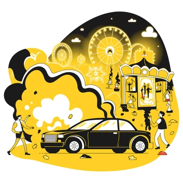 A car exploding near a bustling carnival with rides and lights