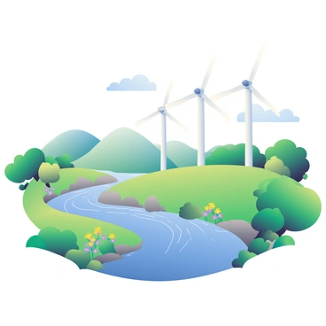 A row of white wind turbines is situated on a grassy hill near a flowing river. The turbines are tall and sleek, with long blades rotating gently in the breeze. The river flows steadily, reflecting the blue sky above. Lush greenery surrounds the area, with various trees and shrubs in vibrant shades of green. The landscape features patches of wildflowers in yellow and purple blooming along the riverbank, enhancing the natural beauty of the scene. In the background, rolling hills can be seen, creating a picturesque and serene atmosphere.