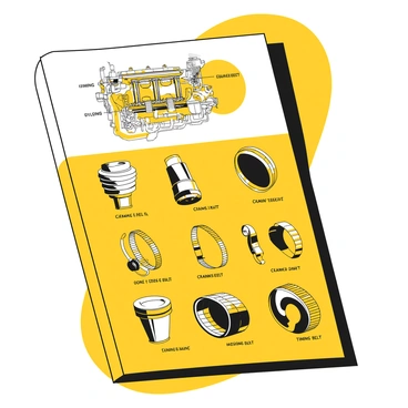A catalog page featuring an assortment of car engine parts displayed in an organized manner. The parts include a cylinder head, pistons, a crankshaft, valves, and timing belts, all clearly labeled with their names in quotes. Each component is arranged in rows, showcasing their distinct shapes and sizes. A diagram illustrating the layout of a typical car engine is positioned at the top of the page, providing context to the parts below. The entire layout is clean and professional, designed for easy viewing and reference.