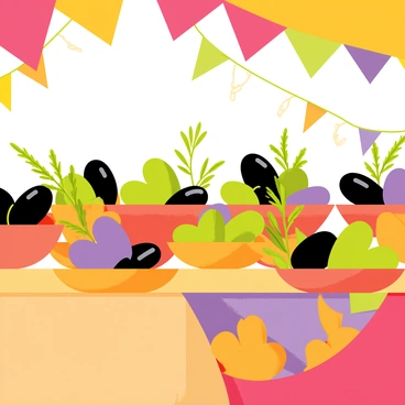 A vibrant market stall featuring a variety of olives arranged in multiple clay bowls. The olives are presented in rich colors including green, black, and purple, showcasing their diverse shapes and sizes. Surrounding the clay bowls, fresh herbs such as rosemary and thyme are placed for added visual appeal. The surface of the stall is wooden, with warm tones enhancing the display, and a colorful fabric drapes over the edges. In the background, bright banners and market decorations add to the lively atmosphere.