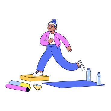 A person is performing step-ups on a wooden platform. The individual is wearing athletic clothing and has a focused expression. Beside the platform, there is a colorful yoga mat lying flat on the ground. Next to the yoga mat is a clear water bottle, reflecting light from the surroundings. The scene is well-lit, emphasizing the active nature of the workout.