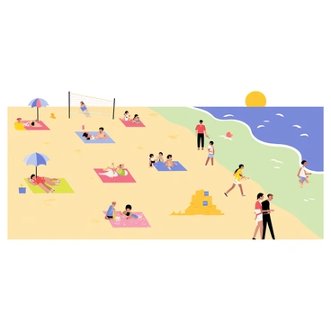A sandy beach with fine golden sand stretching across the scene. Colorful umbrellas in various shapes and sizes are scattered throughout the beach, providing shade from the sun. Groups of people are lounging on beach towels, some playing beach volleyball, while others are swimming in the turquoise sea. A family is building a sandcastle near the water's edge, and a couple is walking hand-in-hand along the shoreline. The sun is shining brightly in a clear blue sky.