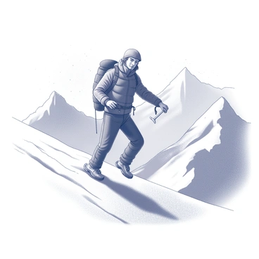 A mountaineer is ascending a steep, snow-covered peak. The climber is wearing a heavy jacket and equipped with climbing gear, including crampons and an ice axe. The snow beneath their feet is disturbed, showing clear signs of their ascent. The climber's face reflects intense focus and determination, while the surrounding snow-capped mountains tower in the background. Flurries of snow are falling from the sky, adding to the challenging environment. The mountaineer's stance shows strength, with one leg raised as they push forward against the elements.