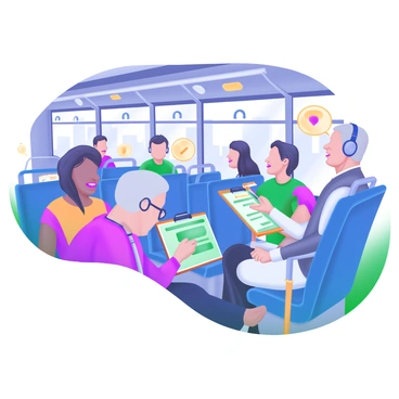 A city bus interior filled with passengers. Several passengers are engaged in conversation with one another, while some are focusing on filling out "service feedback forms" on clipboards. A diverse group of people is present, including a middle-aged woman with glasses, a young man with headphones, and an elderly man holding a cane. The bus seats are upholstered in vibrant blue fabric, and the windows show a glimpse of the cityscape outside. The atmosphere is busy yet casual, with a few passengers glancing at each other while others concentrate on their forms.