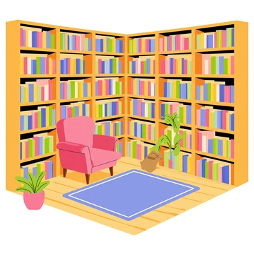 A cozy library featuring towering wooden bookshelves filled with colorful books. The shelves are arranged along the walls, reaching up to the ceiling. In the center, a comfortable reading corner is created with a plush armchair and a small wooden side table. A soft, warm light from a nearby lamp illuminates the corner, inviting readers to relax. A large rug covers the wooden floor, and there are several indoor plants scattered throughout the space, adding a touch of greenery.