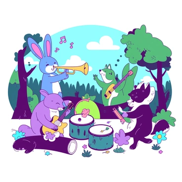 A group of cartoon animals is gathered in a vibrant forest for a concert. In the center, a cheerful blue rabbit is playing a yellow trumpet, while a green squirrel is enthusiastically strumming a yellow guitar. Nearby, a pink bear is sitting on a log, tapping on a set of teal drums. A purple fox is dancing joyfully with its arms raised, surrounded by colorful musical notes floating in the air. The lush trees and colorful flowers create a lively backdrop, enhancing the atmosphere of the joyful concert.