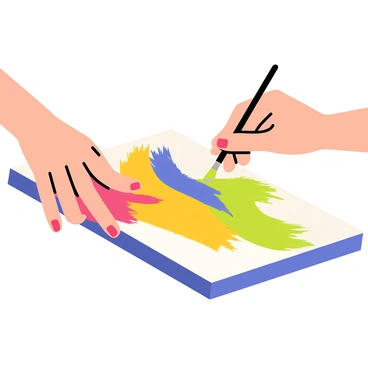 A close-up of hands applying vibrant paint to a white canvas. Each finger is covered in a different bold color, such as bright red, deep blue, sunny yellow, and vivid green. The paint creates a swirl of colors as the fingers blend and smear across the canvas, leaving streaks and splatters. The background is a soft gradient that enhances the lively tones of the paint. The hands are focused on creating an abstract design with the colorful paint.