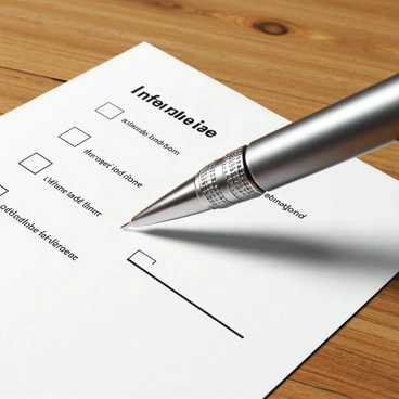 A close-up view of a shiny silver pen, with intricate designs on its barrel, positioned over a partially filled in "inforce illustration request form." The form features neatly printed text and checkboxes, partially filled with ink. In the background, a textured wooden desk surface is visible, showcasing natural grains and knots in the wood, enhancing the warm tones of the setting. Soft shadows are cast under the pen and form, indicating a gentle light source.
