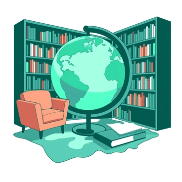A teal cozy bookstore features a giant globe prominently placed in the center of the room. The globe is intricately detailed, showcasing various countries and oceans. Surrounding the globe are tall wooden bookshelves filled with a diverse collection of books, their spines displaying a variety of colors. Soft, warm lighting illuminates the space, creating inviting shadows on the floor. A small reading nook with a comfortable orange armchair is nestled in one corner, providing a perfect spot for visitors to enjoy a book. A plush rug in front of the armchair adds to the overall warmth of the atmosphere.