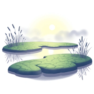 A misty bog at sunrise. The sun is just peeking above the horizon, casting soft light over the landscape. Lush green moss carpets the ground, and it appears thick and vibrant. The waters of the bog are foggy, creating a mysterious atmosphere. Wisps of mist rise from the surface of the water, blending with the light. Silhouettes of reeds and grasses are visible in the foreground, framing the scene. The overall composition conveys a tranquil moment in nature.