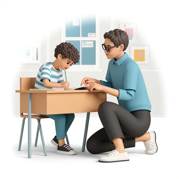 A teacher, wearing glasses, a blue blouse, and black trousers, is kneeling next to a student at a wooden desk. The student, a young boy with curly brown hair, is focused on a math problem in a notebook. The teacher is pointing to the notebook while looking attentively at the boy, who has a pencil in hand and is wearing a striped t-shirt. The classroom has colorful posters on the walls, and a window with sunlight streaming in.