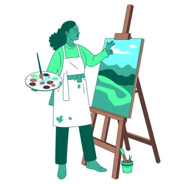 A teal female artist stands confidently next to a wooden easel, immersed in her work. She is wearing a light white apron splattered with various colors of paint. The easel supports a large canvas, which showcases a vibrant landscape depicting rolling hills under a bright sky. The artist is holding a palette in her left hand filled with an array of colors, and a brush poised in her right hand above the canvas, capturing the beauty of the scene before her. Behind her, there are scattered tubes of paint and a small container filled with brushes.