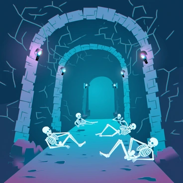 Ancient underground catacombs filled with flickering torches and skeletons