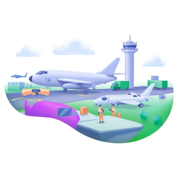 A modern pastel illustration of a bustling military airbase. The scene features several types of aircraft on the runway, including a fighter jet, a cargo plane, and a helicopter. Ground crew members are seen in bright uniforms, moving about the area with equipment and communicating via radios. In the background, military vehicles are parked, and a control tower stands tall, overseeing the operations. The sky is clear with a few fluffy clouds. A vibrant atmosphere captures the activity and coordination of the airbase.