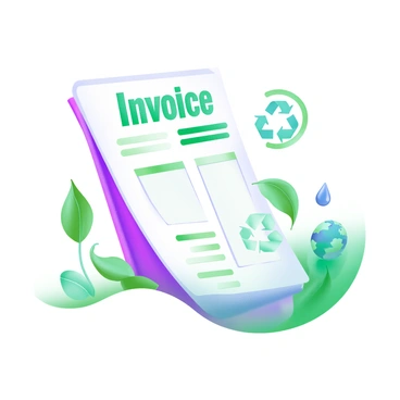 An invoice displayed on a clean white background, featuring the words "Invoice" at the top in bold, green letters. Surrounding the invoice are illustrations of green leaves that curl and flourish. Eco-friendly symbols, such as a recycling icon, a water drop, and a globe, are interspersed among the leaves, enhancing the theme of sustainability. The overall design is balanced and visually appealing, emphasizing an environmentally friendly message.