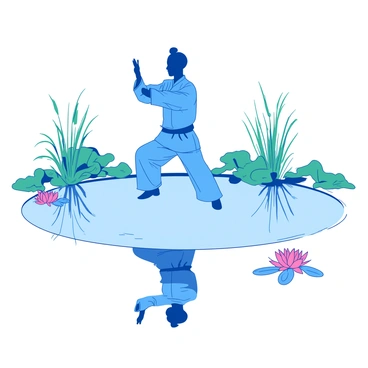 A blue tai chi practitioner in a graceful pose is reflected perfectly on the still surface of a white pond. Surrounding the pond are delicate green reeds swaying gently, and a few vibrant pink lotus flowers float on the water. The sky above is clear and bright, casting soft light that enhances the tranquil scene. The practitioner's silhouette is mirrored flawlessly in the pond, creating a sense of harmony.