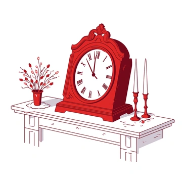 A red vintage clock with ornate gold embellishments is positioned prominently on a white mantelpiece. The clock features intricate carvings and its glass cover is slightly dusty, hinting at age. The clock's hands are positioned at 2:00 and do not move, symbolizing time frozen. Surrounding the clock are small white decorative items, including a pair of candlesticks and a small vase with dried flowers, enhancing the vintage atmosphere. The mantelpiece itself is adorned with subtle textures, showcasing its wooden grain.