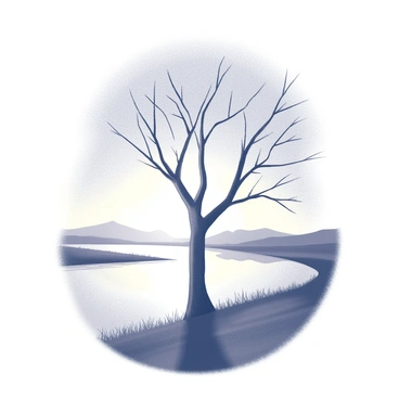 A solitary tree stands by the Euphrates River. The tree's silhouette is distinct against the fading light of sunset. The branches extend upwards, and the trunk is sturdy and rough. The river flows gently beside the tree, reflecting the last moments of daylight. The sky above is filled with varying tones as the sun descends on the horizon. The scene captures the tranquility of nature, emphasizing the contrast between the dark silhouette of the tree and the subtle light surrounding it.