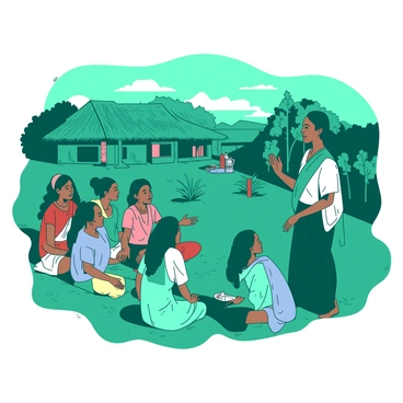 A teal village scene filled with a diverse group of women attentively gathered around a central figure, Kartini, who is passionately speaking. Kartini is wearing traditional attire, with intricate patterns, and has an animated expression on her face as she gestures with her hands. The women are dressed in vibrant clothing, showcasing a variety of colors, and they are sitting on the ground, some with their hands resting on their knees. A lush green landscape surrounds them, with simple village huts in the background. The atmosphere reflects a sense of camaraderie and engagement as they listen intently to Kartini’s words.