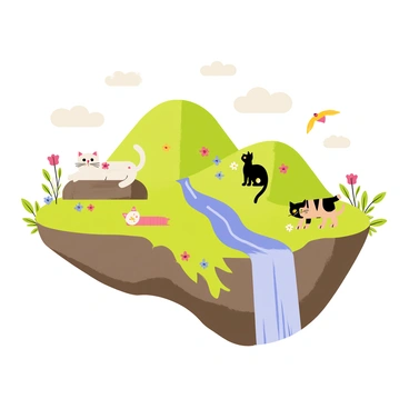 A floating island surrounded by fluffy white clouds, featuring lush green hills and vibrant foliage. Several cats of various breeds are exploring the island, including a fluffy Persian cat lounging on a rock, a playful Siamese cat chasing butterflies, and a curious tabby peering over a waterfall. The waterfall cascades down into a sparkling blue pool at the edge of the island. Colorful flowers bloom throughout the scene, adding splashes of color to the greenery. Birds flit above, completing the lively atmosphere of the floating island.