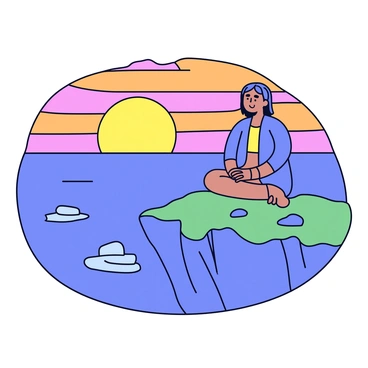 A figure sitting in meditation with legs crossed on a rocky cliff. The figure is dressed in simple, flowing robes. Below the cliff, the ocean is calm, reflecting the warm colors of the sunset. The sky is filled with shades of orange, pink, and purple as the sun descends towards the horizon. The cliff is rugged with patches of green grass and small rocks scattered around.