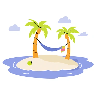 A remote island surrounded by clear turquoise waters. The island features soft white sand and a few scattered palm trees. In the center of the island, there is a solitary hammock strung between two palm trees, gently swaying. The sky above is a bright blue with a few fluffy white clouds floating by. Small waves lap at the shore, creating a peaceful scene. A colorful beach towel is draped over one side of the hammock, and a coconut is placed nearby on the sand.