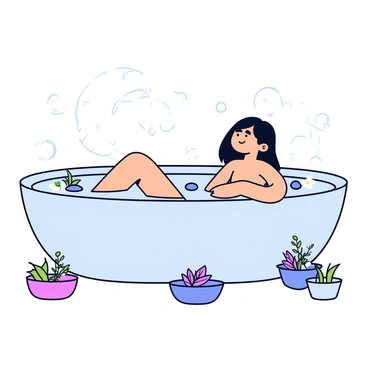 A person sitting in a large, round bathtub filled with clear water infused with various herbs. Steam is gently rising from the surface of the water, creating a soft mist around the person. The individual has long hair draped over their shoulders, and they lean back with a relaxed expression. Surrounding the bathtub are small bowls filled with fresh herbs, and there are delicate flowers floating on the water’s surface.