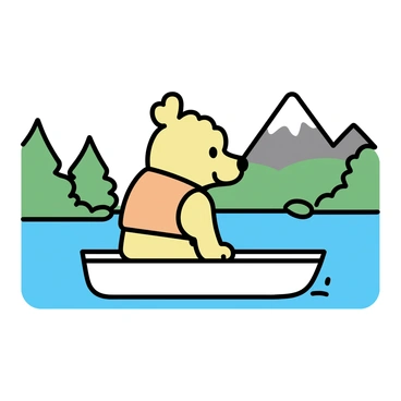 A goldendoodle, with a fluffy coat that has shades of golden and cream, is sitting on a small boat. The dog is wearing a bright orange life jacket, which contrasts with its fur. The boat is gently floating on a calm lake, surrounded by lush green trees and distant mountains. The water is clear, reflecting the blue sky above. The goldendoodle looks content, with its ears flapping in the breeze as it gazes over the side of the boat.
