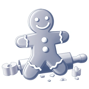 A whimsical gingerbread man figure constructed entirely from gingerbread. The figure has a round head, body, arms, and legs, all shaped like a classic cookie. It features icing decorations for facial features, with a wide smile and button-like details down the front. The body has a textured surface resembling that of baked gingerbread, with a few crumbs scattered nearby. The background includes subtle hints of a kitchen setting, with a rolling pin and cookie cutters partially visible.