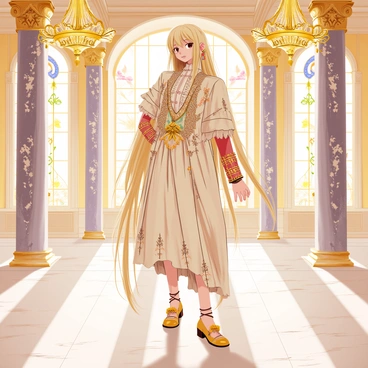 An anime character with long flowing hair is dressed in ornate Renaissance attire, featuring intricate patterns and rich fabric textures. The character wears a detailed embroidered jacket with ruffled sleeves and a matching elegant skirt. They are standing in a lavish palace, surrounded by grand columns and opulent chandeliers hanging from the ceiling. The walls are adorned with rich tapestries and gilded decorations. Soft light filters through large stained glass windows, casting colorful patterns on the polished marble floors.