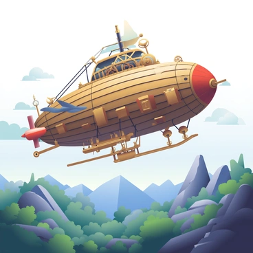 A large steampunk airship with intricate gears and multiple propellers is floating majestically above a range of rugged mountains. The airship features a polished brass hull with copper accents, and its sails are made of rich, dark leather. Below, the mountains are covered with lush green trees and rocky outcrops, creating a dramatic contrast with the airship. In the background, a soft blue sky stretches across the horizon, dotted with fluffy white clouds. The scene captures the grandeur of the airship as it navigates through the air, with the sunlight reflecting off its metallic surfaces.