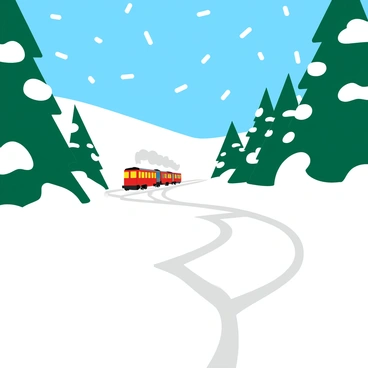 A set of train wheels leaving deep tracks in freshly fallen snow. The snow is a crisp white, undisturbed except for the tracks behind the train. In the background, tall pine trees are dusted with snow, creating a winter landscape. The sky is a clear blue, contrasting with the bright white of the snow. Flakes of snow are gently falling in the scene, adding to the winter atmosphere. The train itself can be seen in the distance, its wheels partially embedded in the snow as it continues its journey.