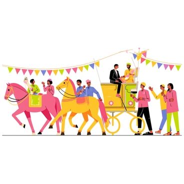 A joyful wedding baraat procession featuring a group of musicians playing traditional instruments, such as a dhol and trumpet. Vibrantly dressed dancers in colorful outfits are joyfully dancing along the street, surrounded by guests in festive attire. The procession is decorated with strings of flowers and colorful flags. Brightly colored horses adorned with decorative saddles are leading the procession, while the groom is sitting on a beautifully decorated palanquin, smiling at the celebration around him. The atmosphere is lively, with laughter and excitement filling the air as they make their way to the venue.