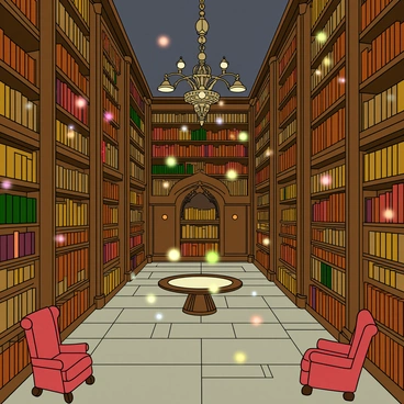 A large, ancient library with towering wooden bookshelves filled with various old books. The library has a stone floor and high, arched ceilings. Many books are floating in mid-air, gently rotating and hovering above the shelves. Glowing symbols in different colors are scattered throughout the space, illuminating the surroundings and casting soft light on the books. Dimly lit corners are filled with intricate reading nooks, each containing plush chairs and small tables. A large, ornate chandelier hangs from the ceiling, adding to the mystical atmosphere of the library.