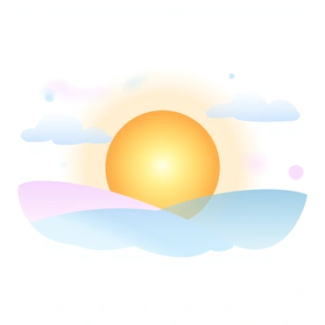 A golden sunrise is emerging over a distant horizon, casting a warm glow across the landscape. Soft hues of orange and yellow fill the sky, gradually blending into pastel shades of pink and light blue. Wispy clouds catch the light, creating a gentle gradient effect. Below the horizon, silhouettes of rolling hills can be seen, accentuating the warmth of the rising sun. The atmosphere conveys a sense of tranquility and the promise of a warm day ahead.