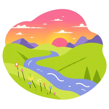 A landscape featuring a vibrant sunset with shades of orange, pink, and purple blending in the sky. The sun is dipping below the horizon, casting a warm glow across the scene. Rolling green hills are visible in the foreground, dotted with colorful wildflowers. A gentle river reflects the colors of the sky, winding through the landscape. Fluffy white clouds are scattered across the sky, catching the light from the setting sun. In the distance, silhouettes of tall mountains complete the picturesque view.