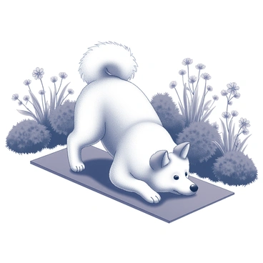 A Samoyed imitating a yoga pose on a mat in a peaceful garden setting