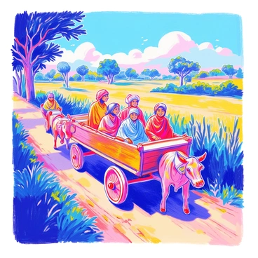 A rustic bullock cart is being pulled along a dirt path. The cart is made of weathered wood, featuring large, round wooden wheels. Inside the cart, a group of villagers, dressed in traditional attire, sit comfortably. Some villagers are smiling and chatting, while others are gazing at the scenery. In the background, there are lush green fields stretching out on either side, with a few trees lining the path under a clear blue sky. The sun casts soft shadows, enhancing the warm tones of the scene.