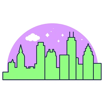 A city skyline is silhouetted against the dusk sky, showcasing tall buildings with various architectural shapes. The outlines of skyscrapers are distinct and sharp, creating an array of heights and structures. In the background, the sky transitions from a deepening shade to lighter tones near the horizon, hinting at the onset of night. The first stars begin to appear in the sky, twinkling softly. Above the skyline, a few wispy clouds are present, adding texture to the scene. The overall composition captures the essence of a bustling city preparing for the nighttime.