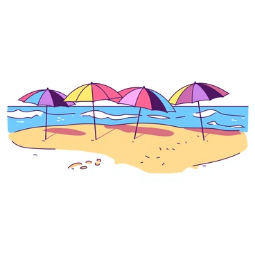 A row of vibrant beach umbrellas in various colors is positioned along the sandy shore. The umbrellas are open, showcasing their unique patterns and hues, creating a colorful landscape. The beach sand is finely textured and golden, with small footprints leading towards the water. In the background, gentle waves lap against the shore, adding a sense of movement to the scene.