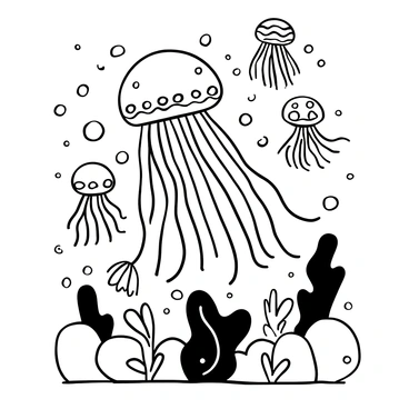 A black-and-white illustration of a large jellyfish with long, flowing tentacles. The jellyfish is detailed with various patterns along its bell. Surrounding it, there are several smaller jellyfish, each with unique shapes and intricate designs on their bodies. Bubbles float around the jellyfish, creating a sense of movement in the water. The background features abstract wave-like forms to suggest an underwater environment.
