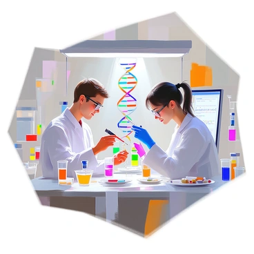 A laboratory setting filled with various scientific equipment and tools. In the center, two scientists, one with short brown hair and glasses, and the other with long black hair in a ponytail, are intently focused on editing DNA strands. They each hold colorful epigenetic tools, which include pipettes and genetic editing devices, displaying vibrant colors like blue, red, and green. The workspace is cluttered with test tubes, petri dishes, and a computer displaying genetic sequences in the background. A bright overhead light illuminates the scene, highlighting the intricate details of the DNA strands being manipulated.